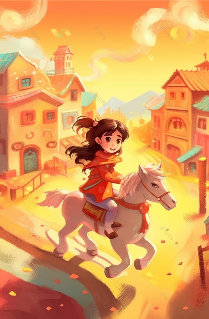 黄色夕阳古镇骑着白马的女孩,插画/手绘图,插画/手绘图库,插画/手绘图下载,插画/手绘